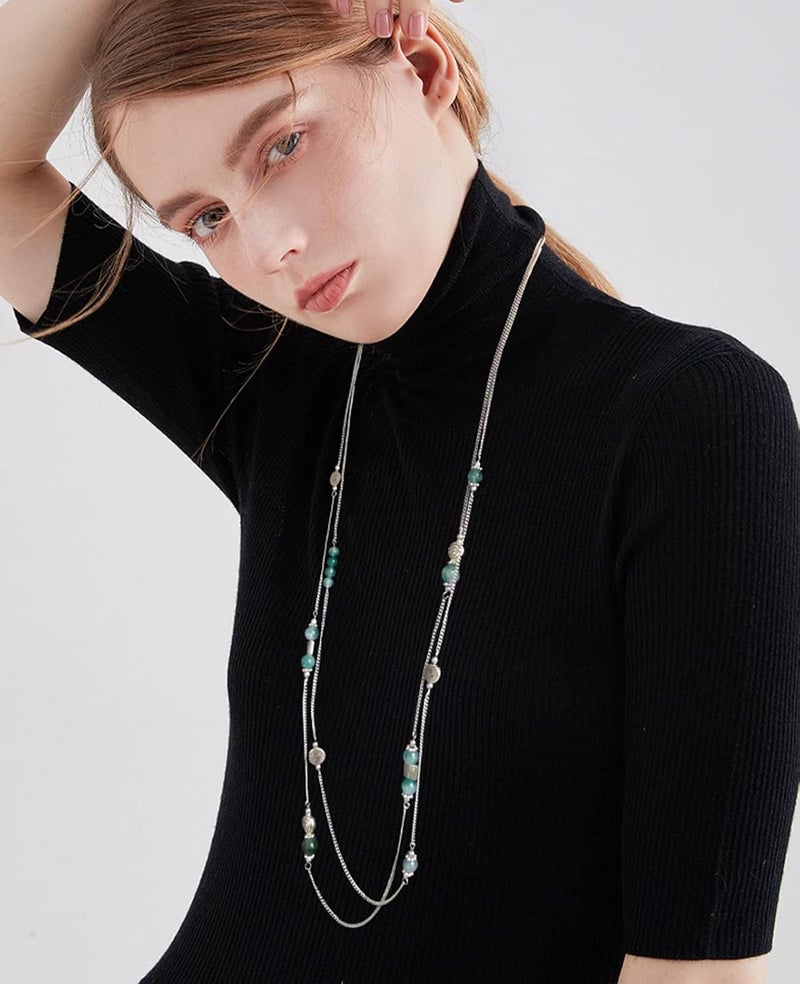BULINLIN Layered Silver Long Necklace for Women Turquoise Stone Beaded Strand Sweater Chain Necklaces Fashion Costume Jewelry Gifts for Mom - Image 2